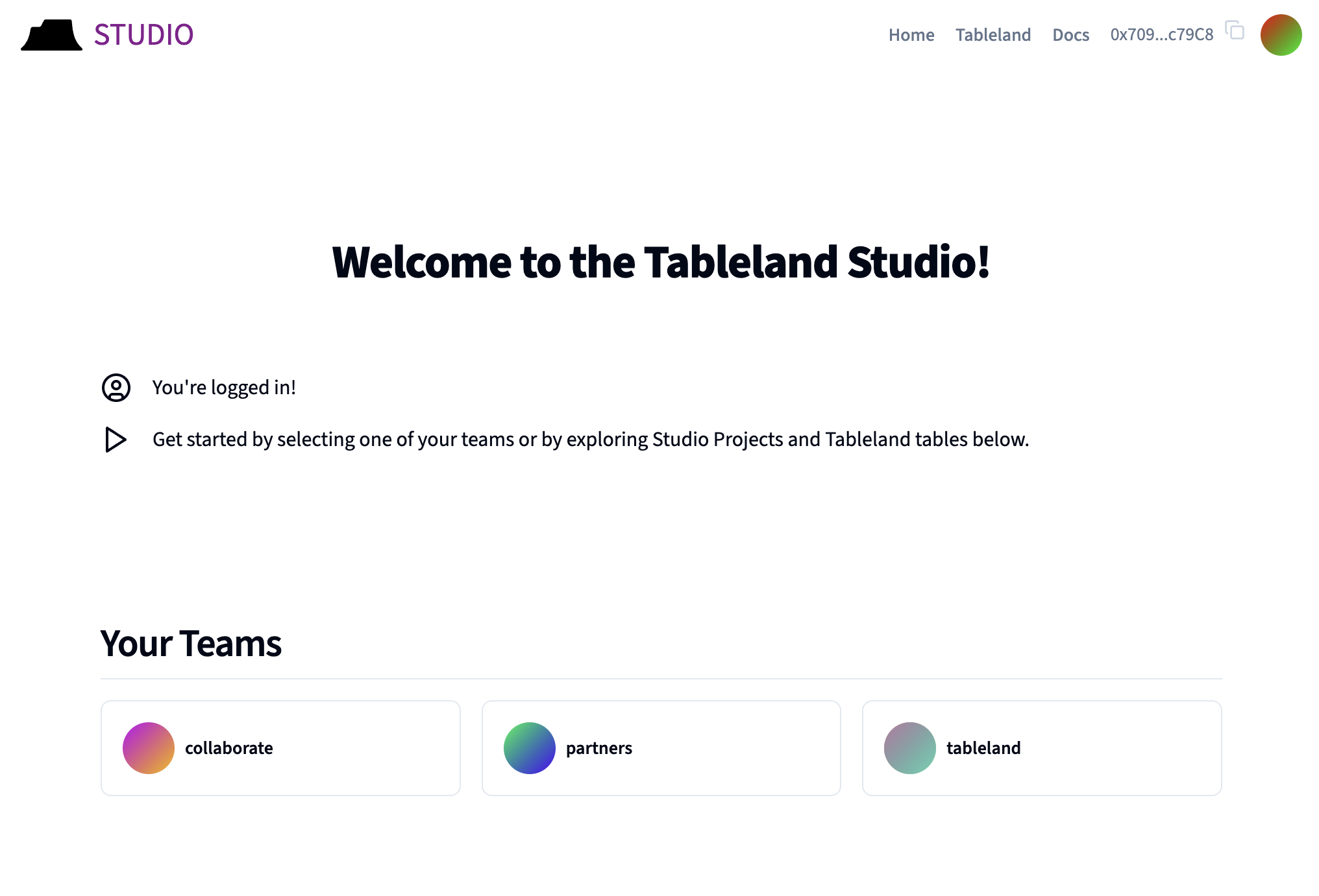 Studio landing page linking to your teams and associated projects.
