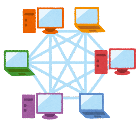 P2Pネットワークでコンピュータ同士が接続されるイメージ