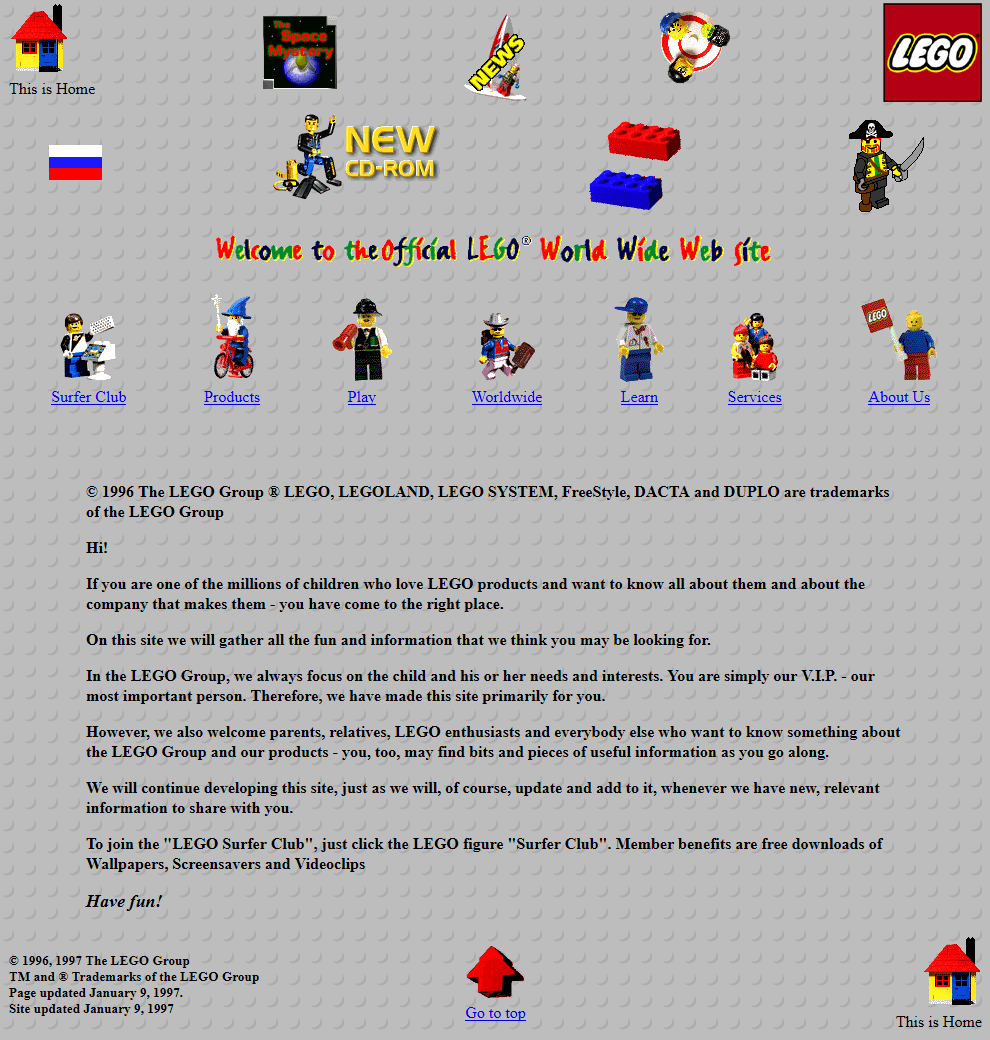 O website da Lego em 1997