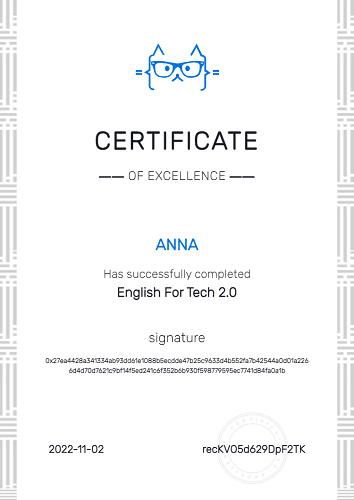 a sample certificate image generated for testnet