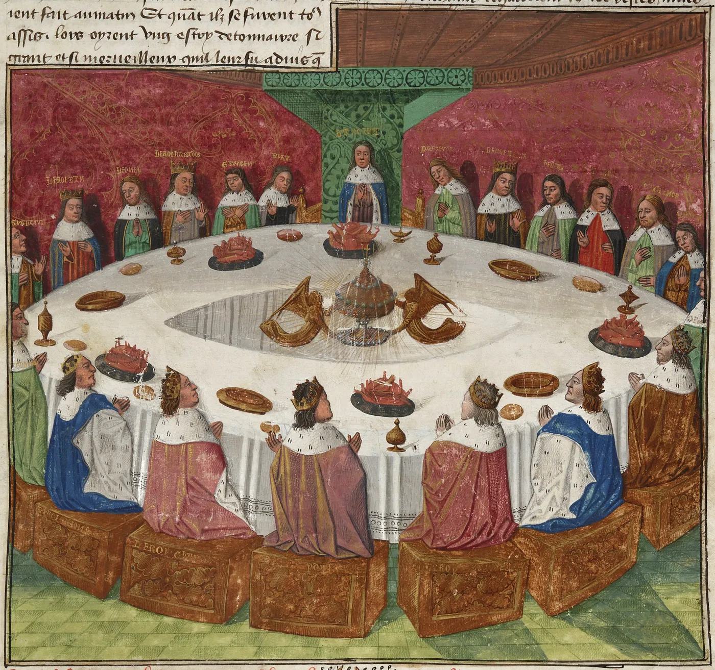 An illustration from the 13th century Lancelot-Grail, depicting King Arthur’s round table which has no head, implying that everyone who sits there has equal status