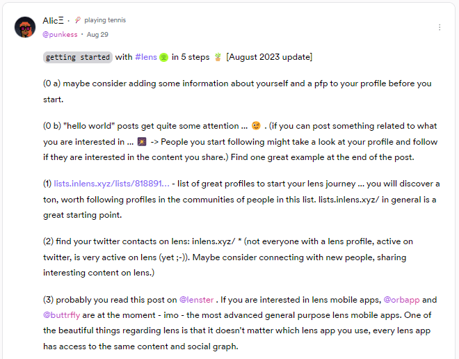 Alice's "Getting Started with Lens" posts serve as an ideal example of content that benefits from being re-amplified.