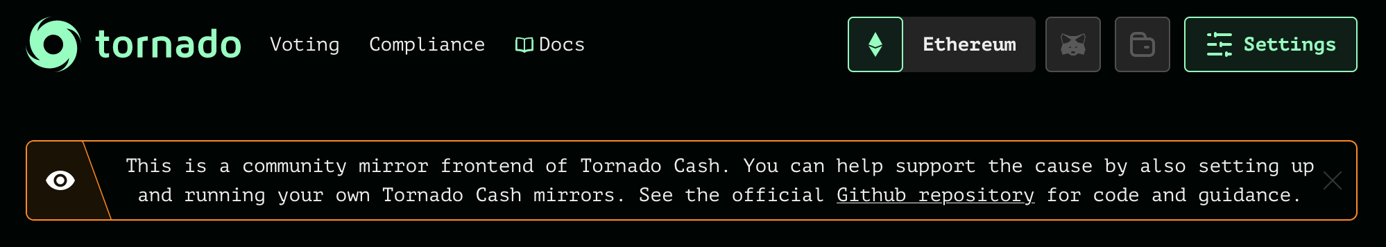 In 2022, sanctions against Tornado Cash took down its primary frontend, spurring numerous "mirror sites" to support the use of the service. 