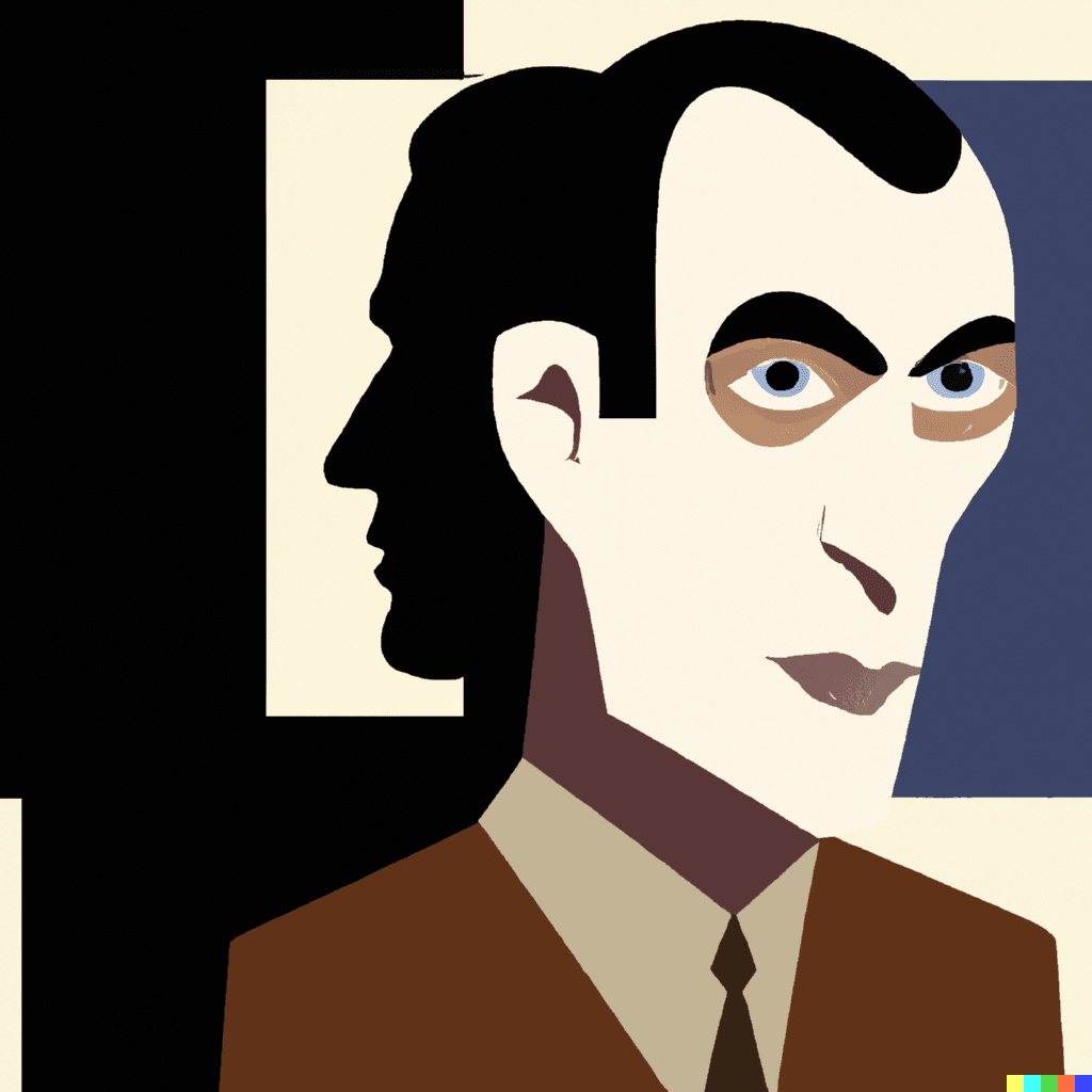 This image was created with DALL-E AI, using the following prompt: Art deco. Portrait of a man and his Jungian shadow.