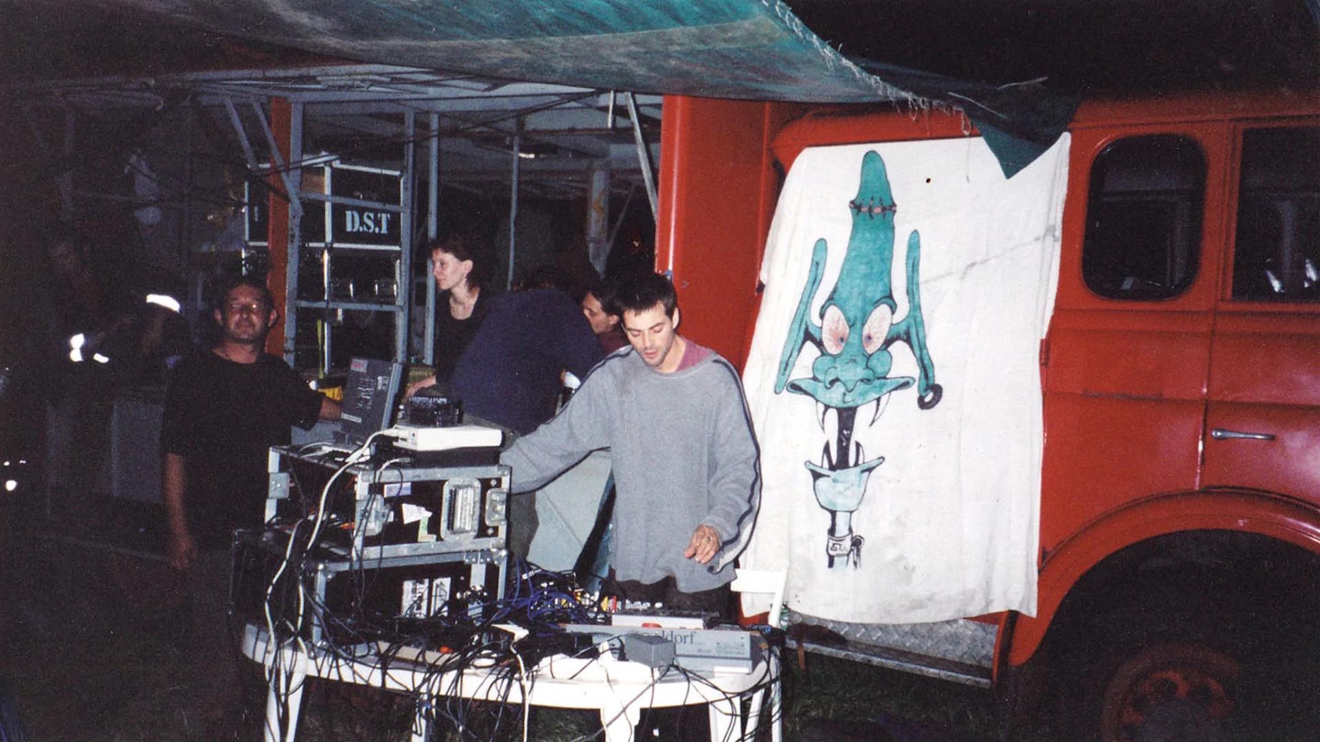 Members of Spiral Tribe with their infamous sound system.