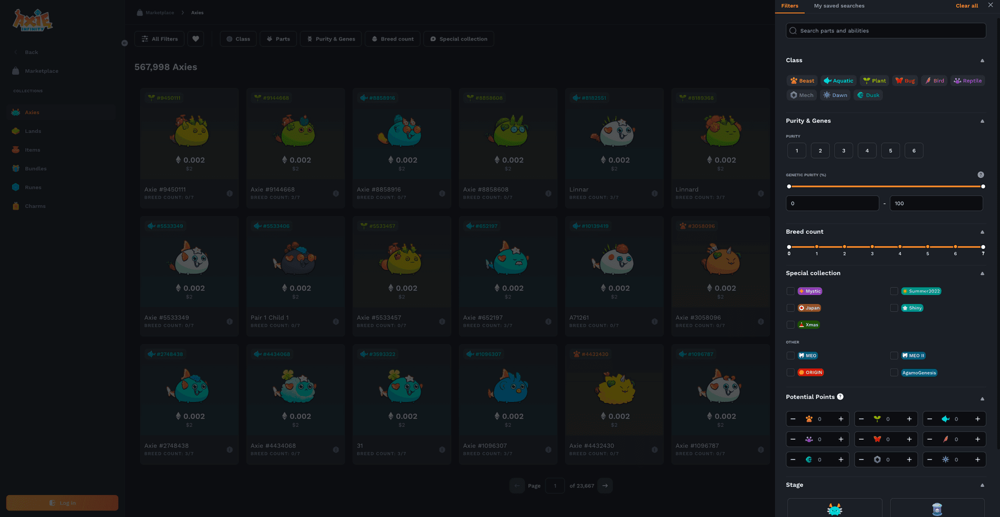 Axie Marketplace Filter