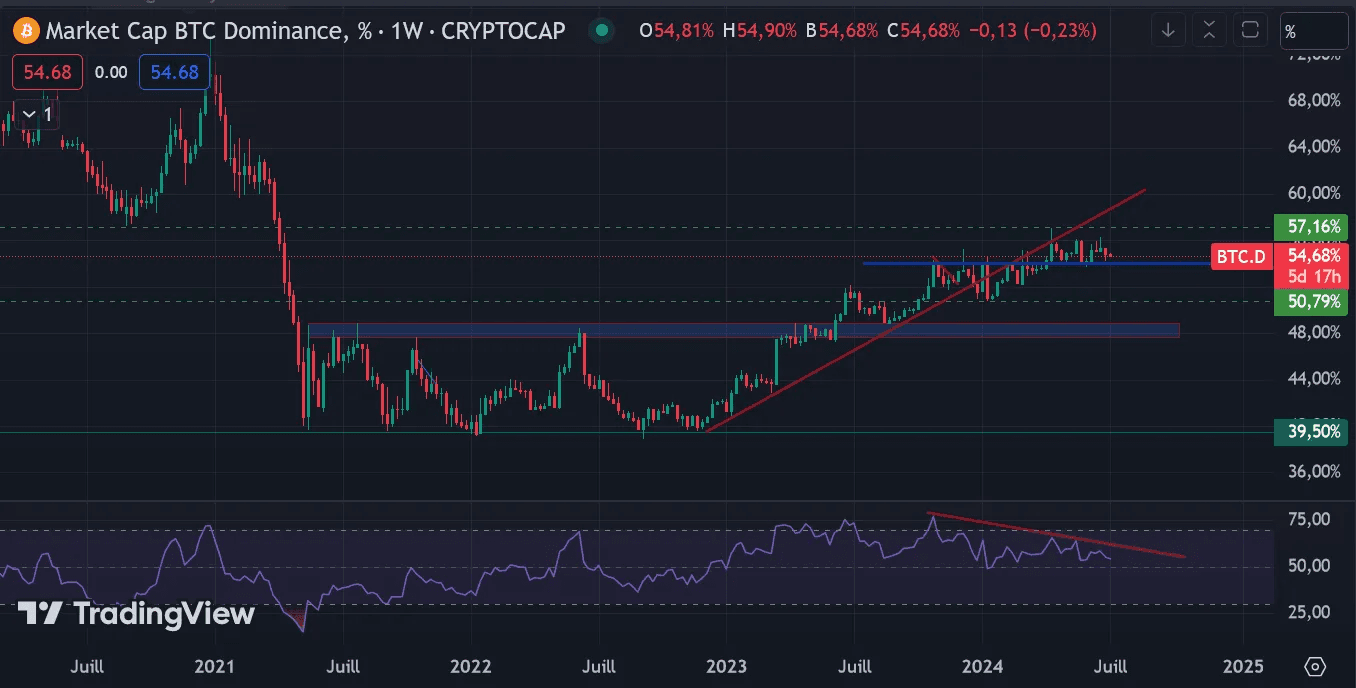 ビットコインドミナンス: この指標はまだ青いサポート上で取引されています。指標が57％の抵抗を超えると、アルトコインに対する強い弱気シグナルになります。進行中の弱気ダイバージェンスの解消には時間がかかるかもしれません。