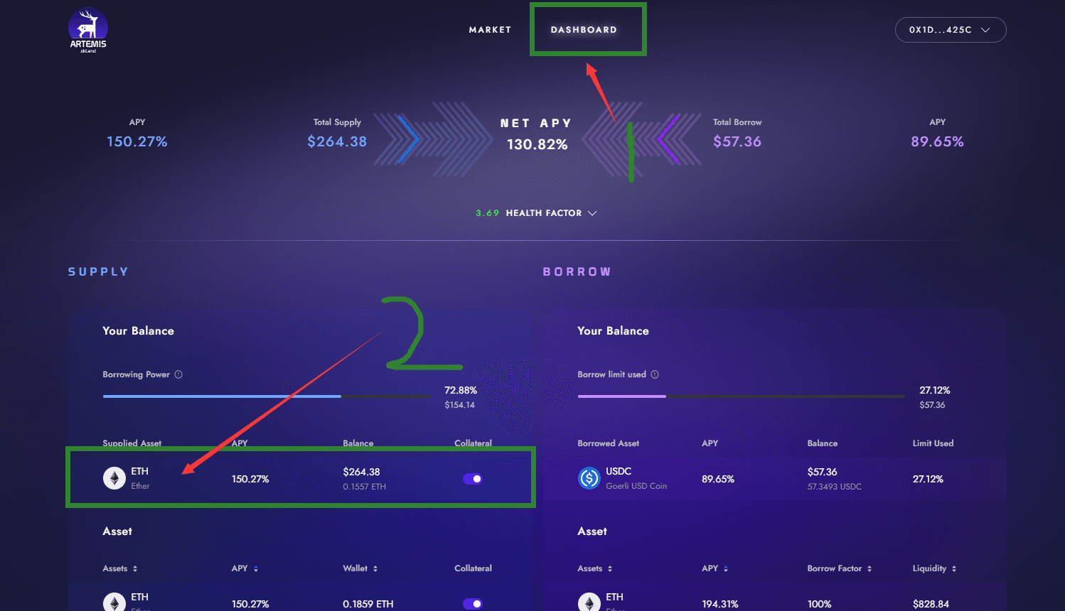 继续选择DASHBOARD模块，选择左边的ETH，取出部分前面供应的eth