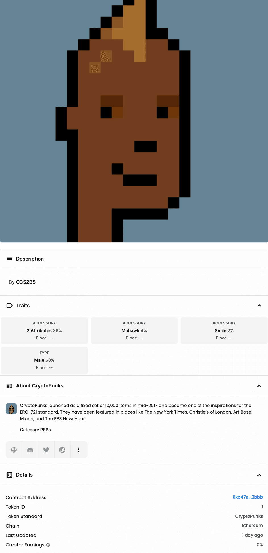 OpenSea Page Info for CryptoPunk #1