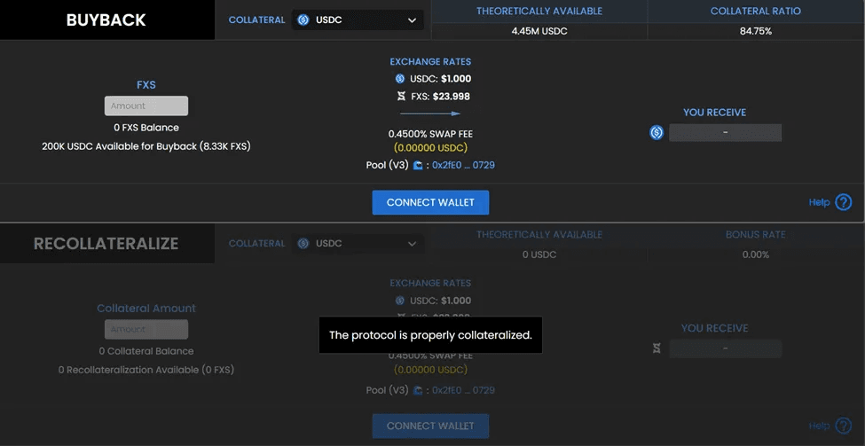 The page for "Decollateralize (Buyback) and Recollateralize Operations"