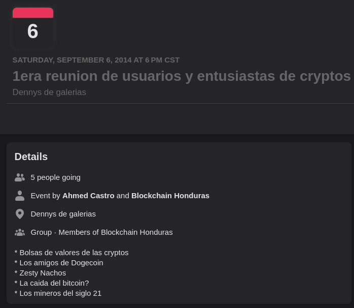 Un timestamp de la web2: lamentablemente no hay fotografías de ese encuentro, pero aún puede leerse en el grupo “Blockchain Honduras” la información del evento.