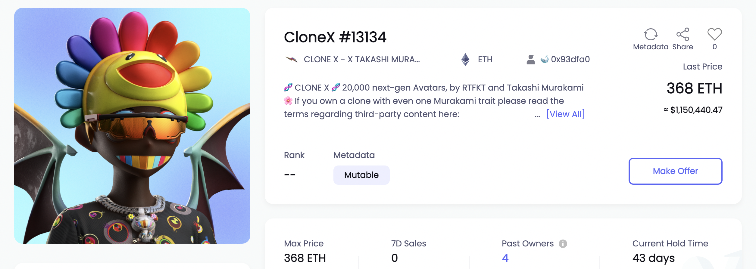 CloneX #13134 - 368ETH   from nftgo.io