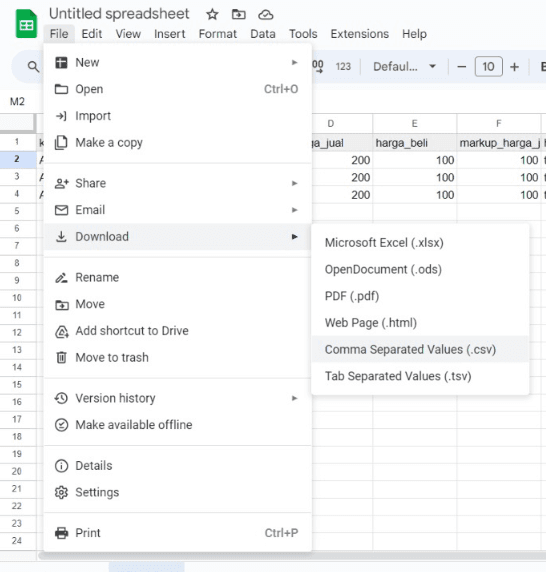 Tampilan saat download file .csv