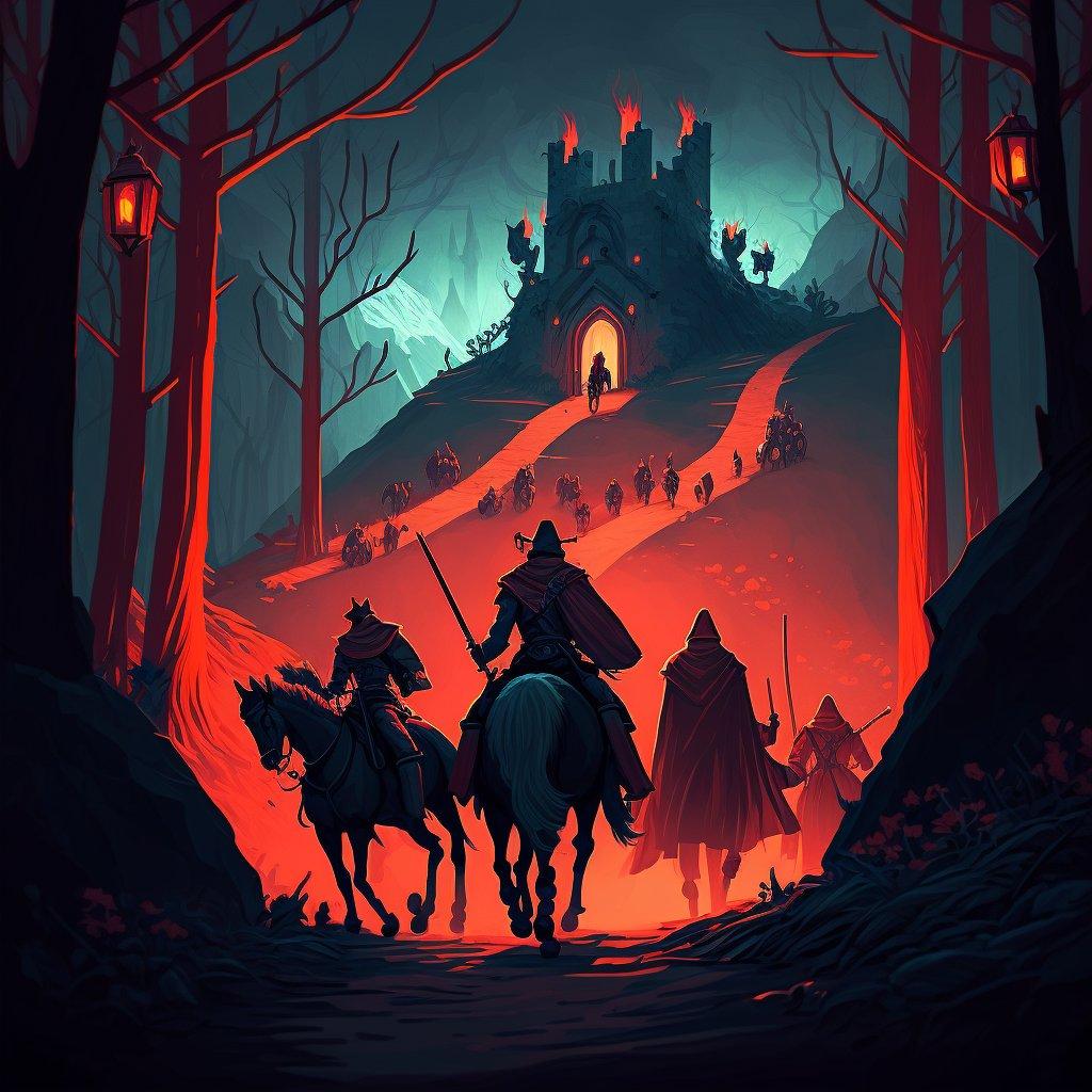 a group of warriors, wizards & monks walking, riding horses towards a castle uphill through a dark forest