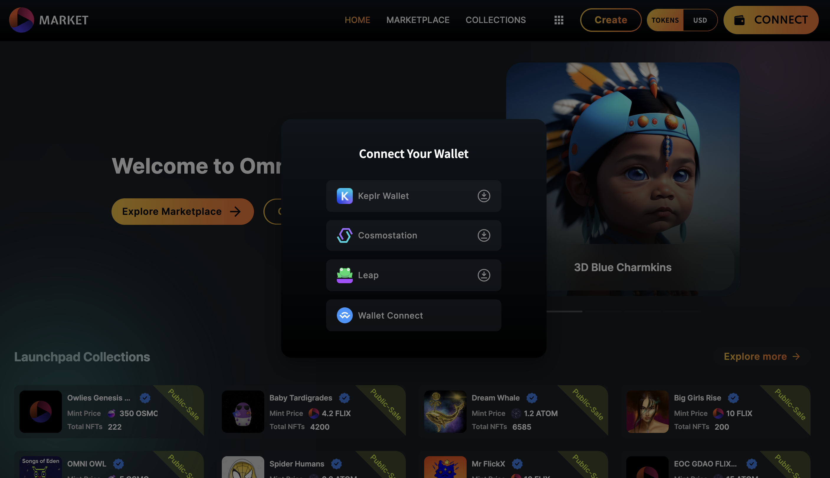 OmniFlix.Market - Now sign in to you account using Leap wallet