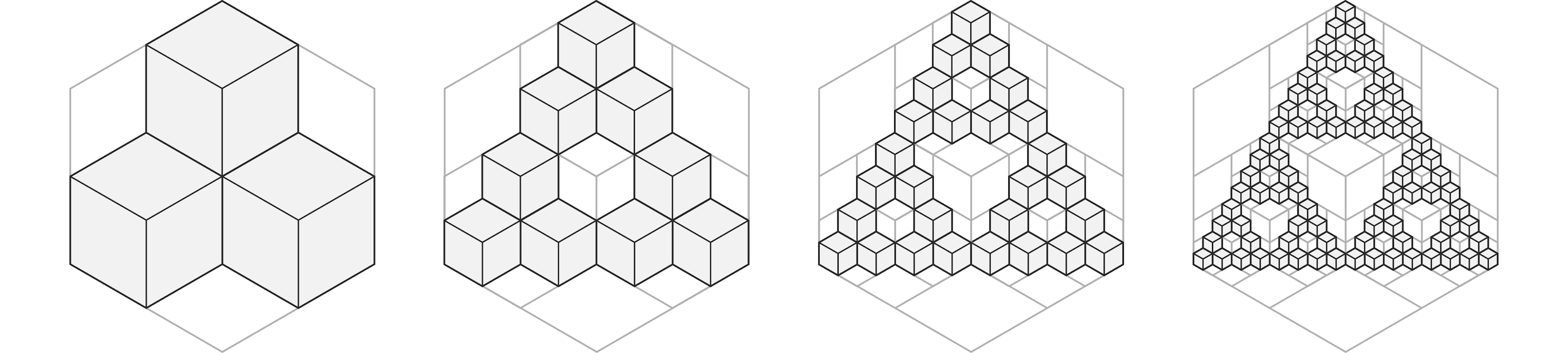 Figure 1 - from level 1 to 4 of cube subdivisions