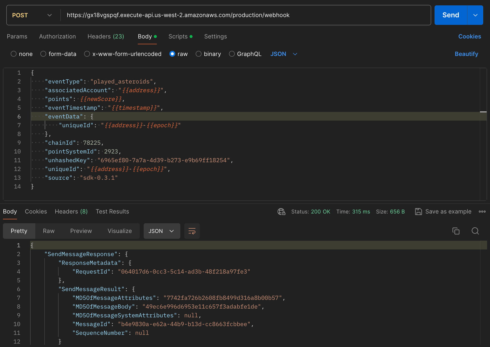 Postman window showcasing the spoofed API request