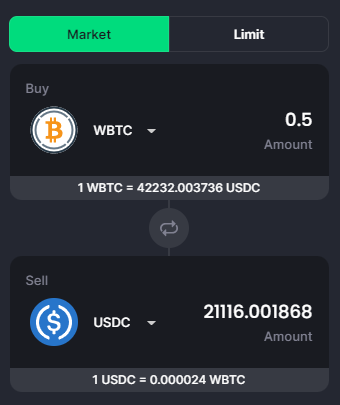 Enter the amount of WBTC. Wait a little while the USDC calculates the exchange rate.