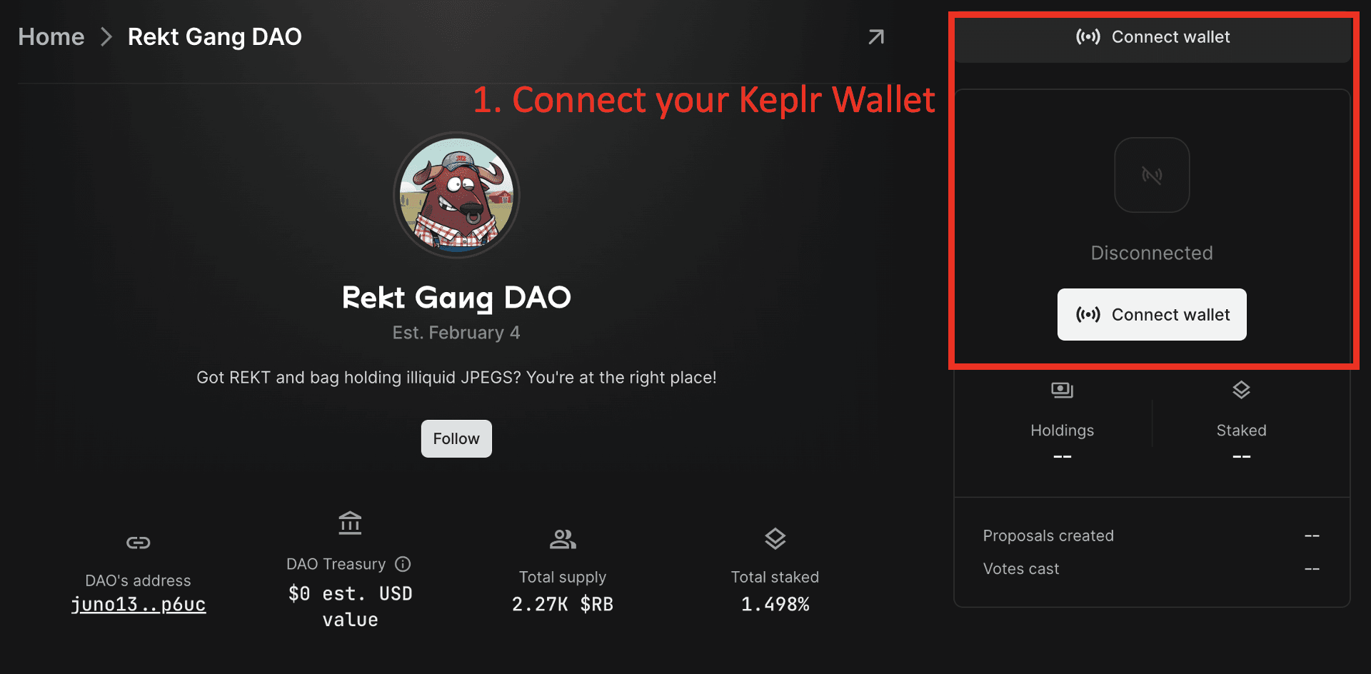 Step 1 is to connect your Keplr Wallet to DAODAO