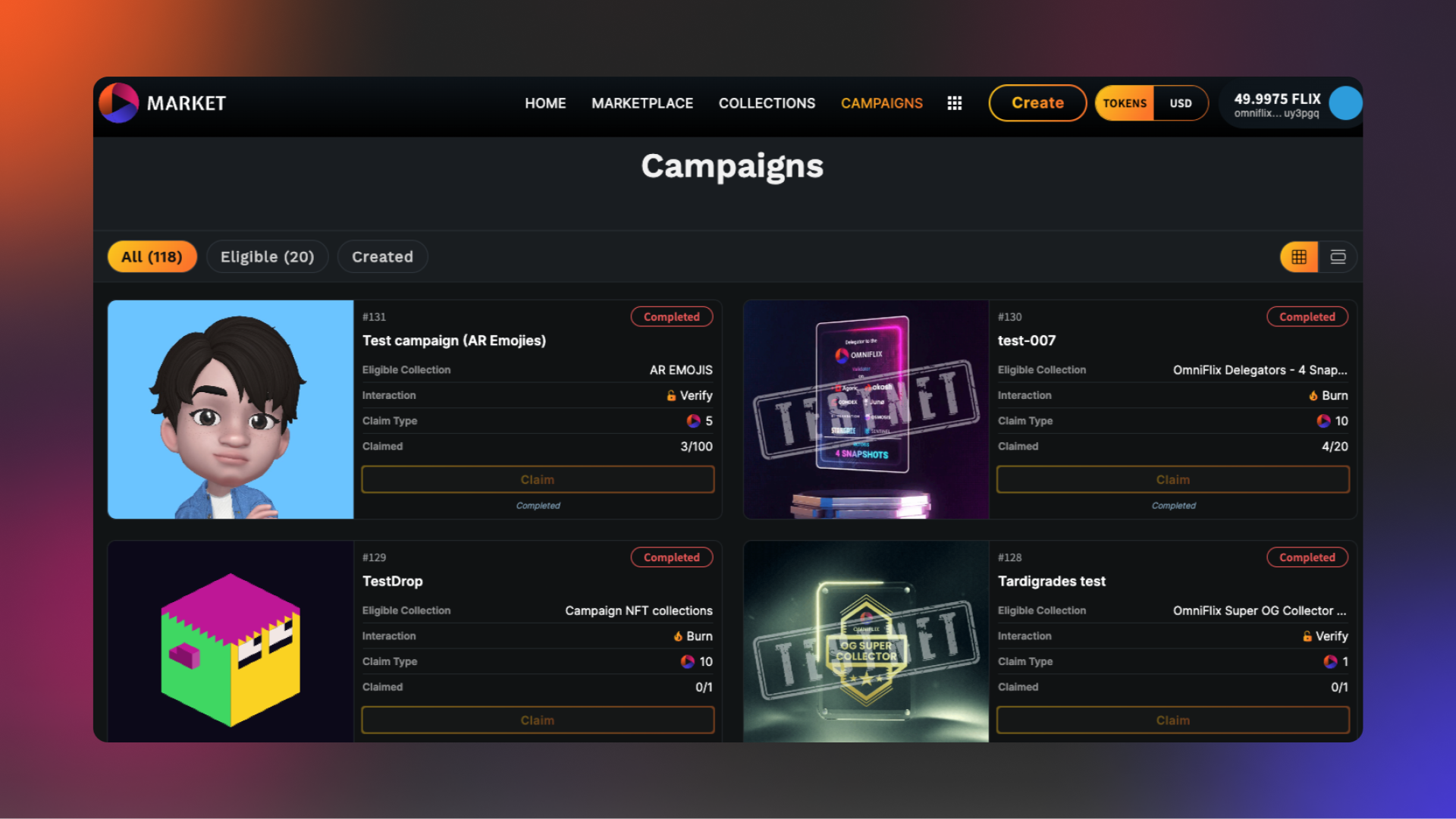 'Campaigns' page on OmniFlix.Market 
