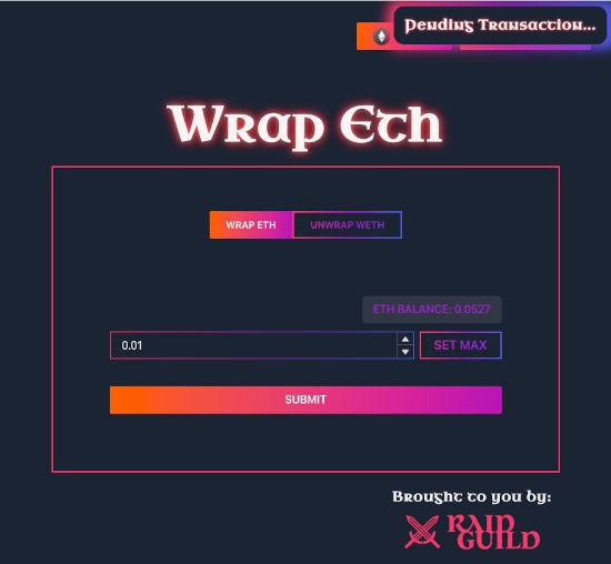 "Pending Transaction" toast is shown in the upper right