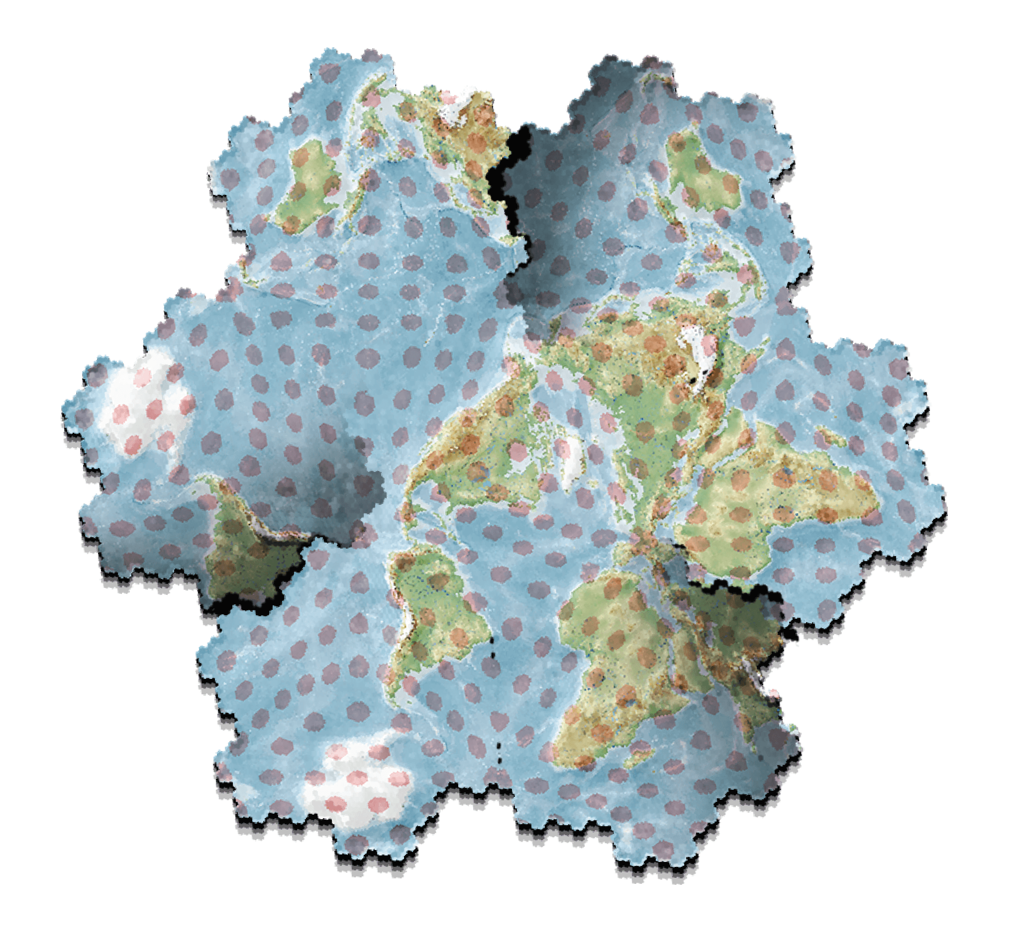 3 pieces arranged in a gosper island (with the non-center pieces duplicated). Each red ellipsis should correspond to a circle of same area on earth. 