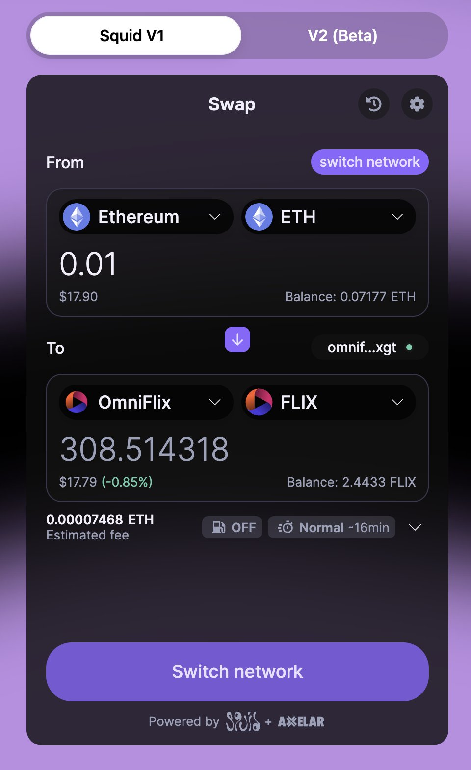 Swapping ETH to FLIX on app.squidrouter.com
