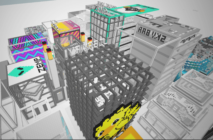 The famous "Frankfurt" neighborhood in Crypto Voxels, where many creative buildings are located