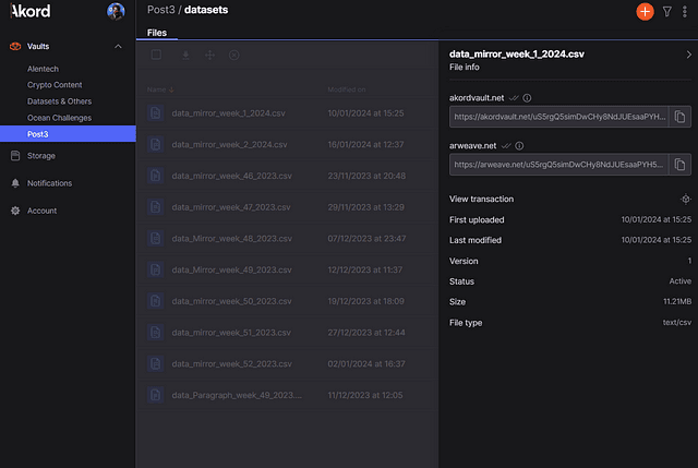 Akord’s file information and transaction ID