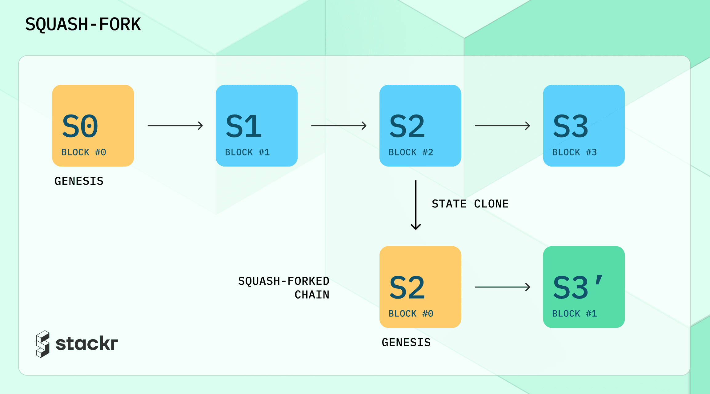 State is copied at a block and used as genesis state for a new chain - The new chain loses history but preserves the last finalized state