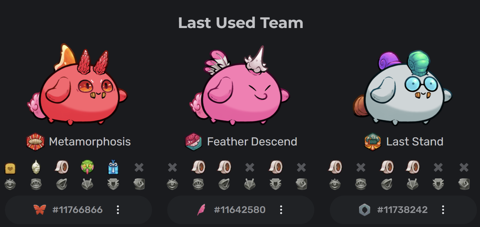 An example of a Feather Metamorphosis team (Screenshot from axies.io)