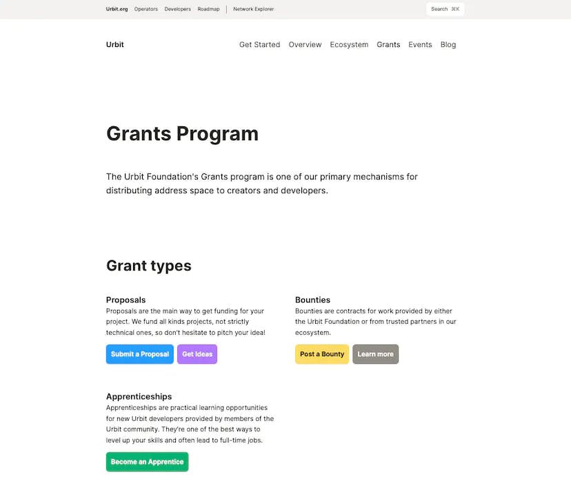 Urbit's page outlining its types of grants

