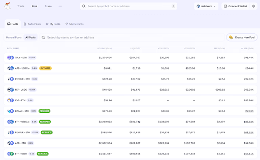 Screenshot of top yielding pools on Trader Joe / Arbitrum