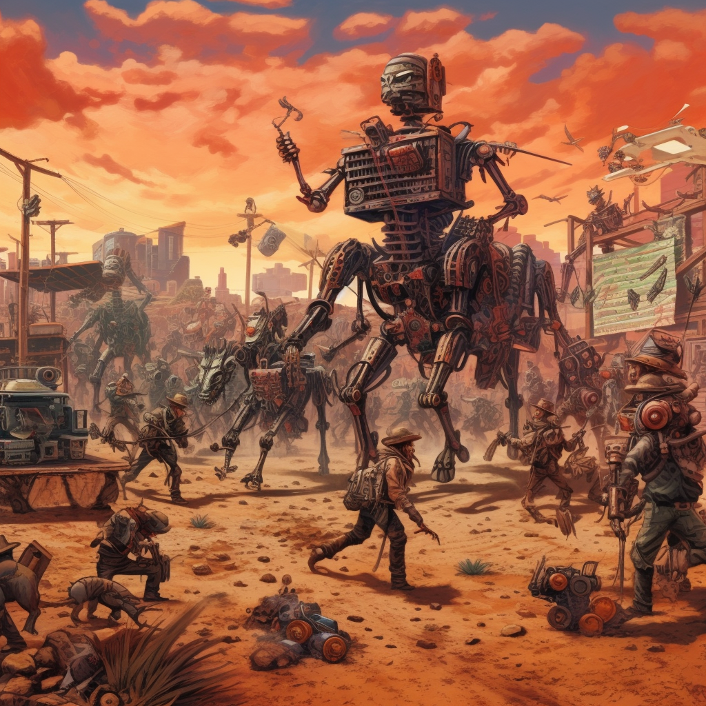 Accurate depiction of the current blockchain environment (9/23) wild west remington landscape stampede of robots, hyperdetailed, paint strokes --v 5.1 