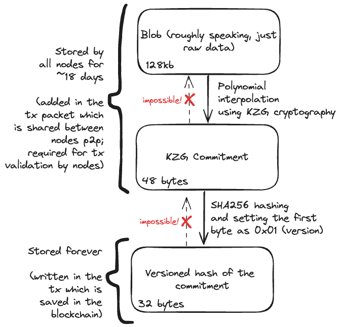 Both hashing and KZG interpolation are one-way functions. This means you can't get the original data from the function result.