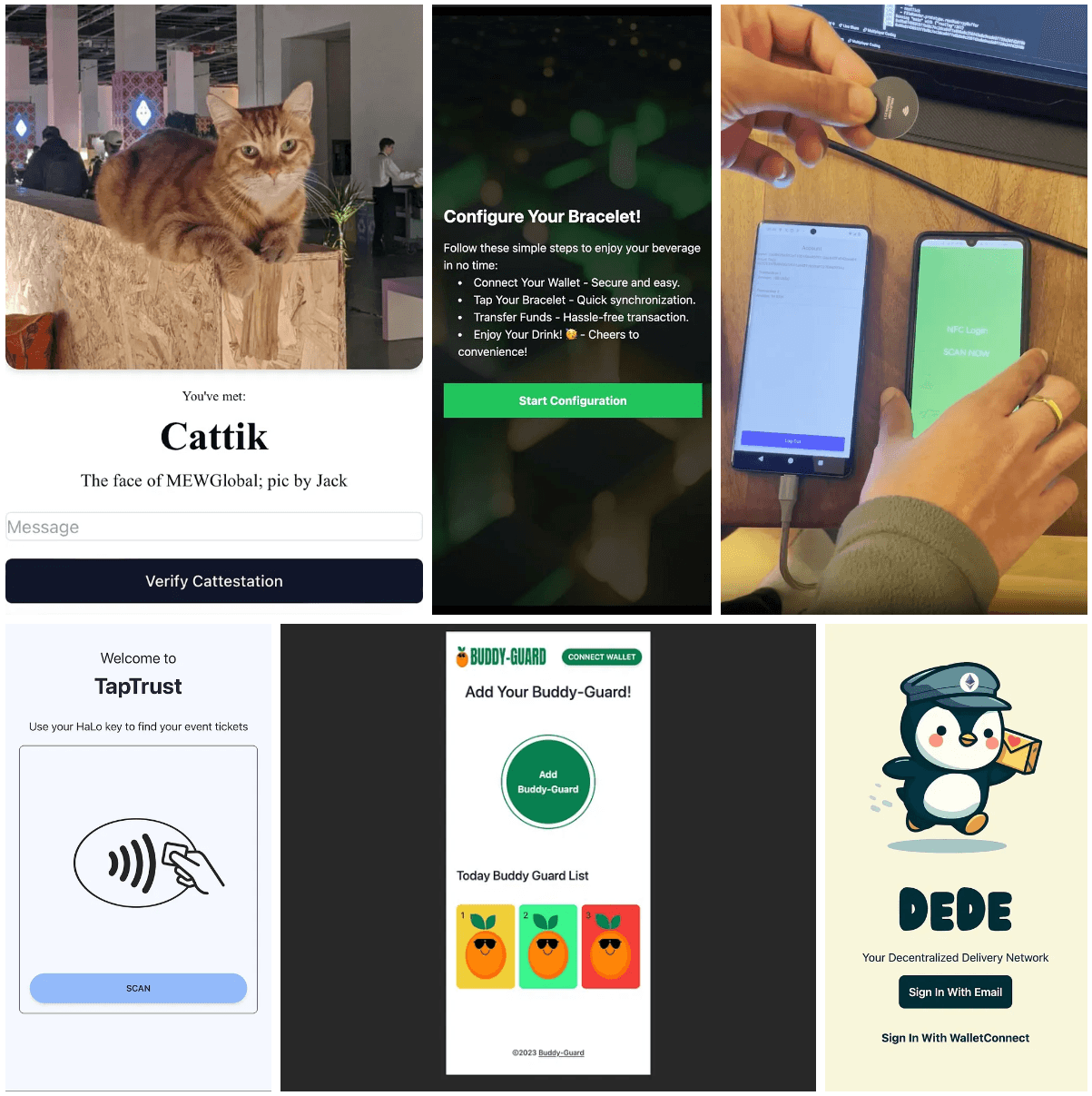 From top-left to bottom-right: Cattestation, Degen Drink, PePay, TapTrust, Buddy-Guard, and DeDe.