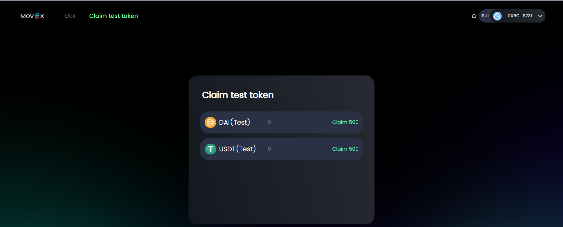 Go to the "Claim test token" tab. Claim all test tokens.