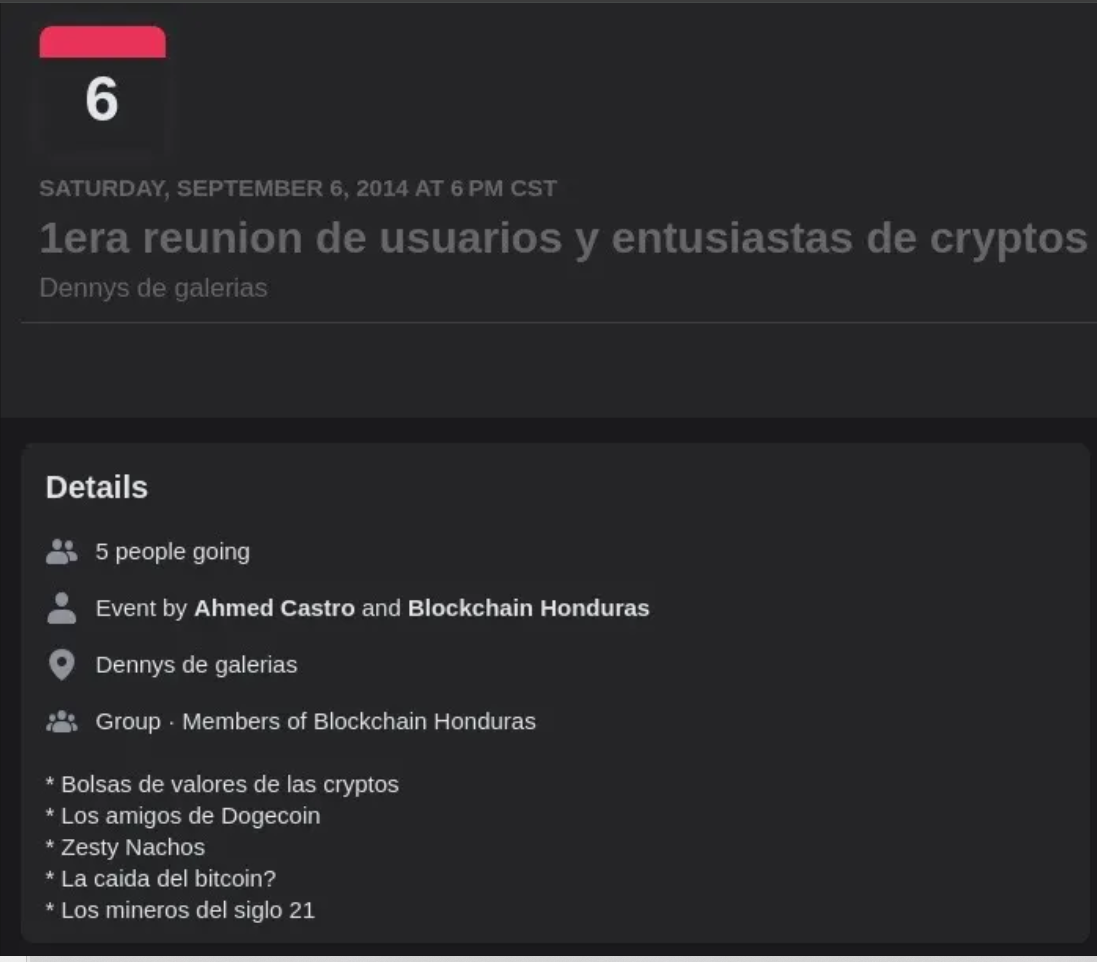 A timestamp of the web2: unfortunately, there are no pictures of that meeting, but you can still read the information about the event in the group "Blockchain Honduras".