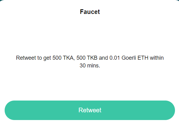 To receive test tokens, you need to retweet the post, for this, press "Retweet". You will be automatically redirected to the generated post on Twitter.