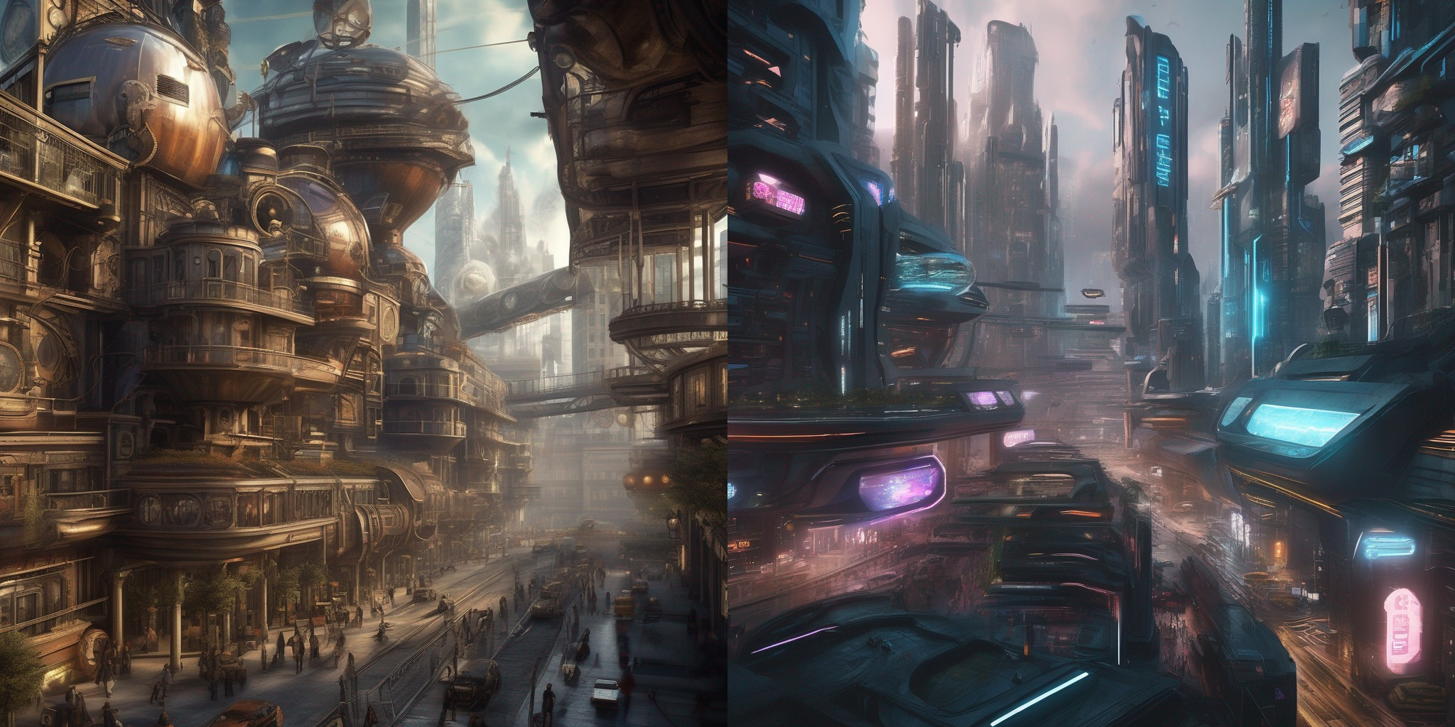 Futuristic cities in the style of steampunk and cyberpunk (generated by Stable Diffusion).