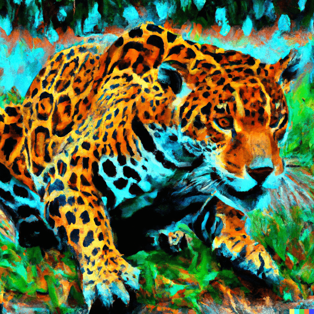 This image was created by Dall-E AI, using the following prompt, which was refined by Chat GPT: Create a vivid painting of a jaguar capturing the intense moment right before it launches into an attack on its prey, using a blend of vibrant colors and detailed brushwork to convey the tension and anticipation inherent in the scene.