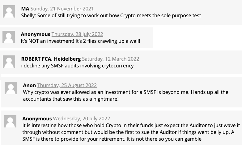 A sample of the comments on various crypto-related articles on a SMSF media publication - these people are ngmi 