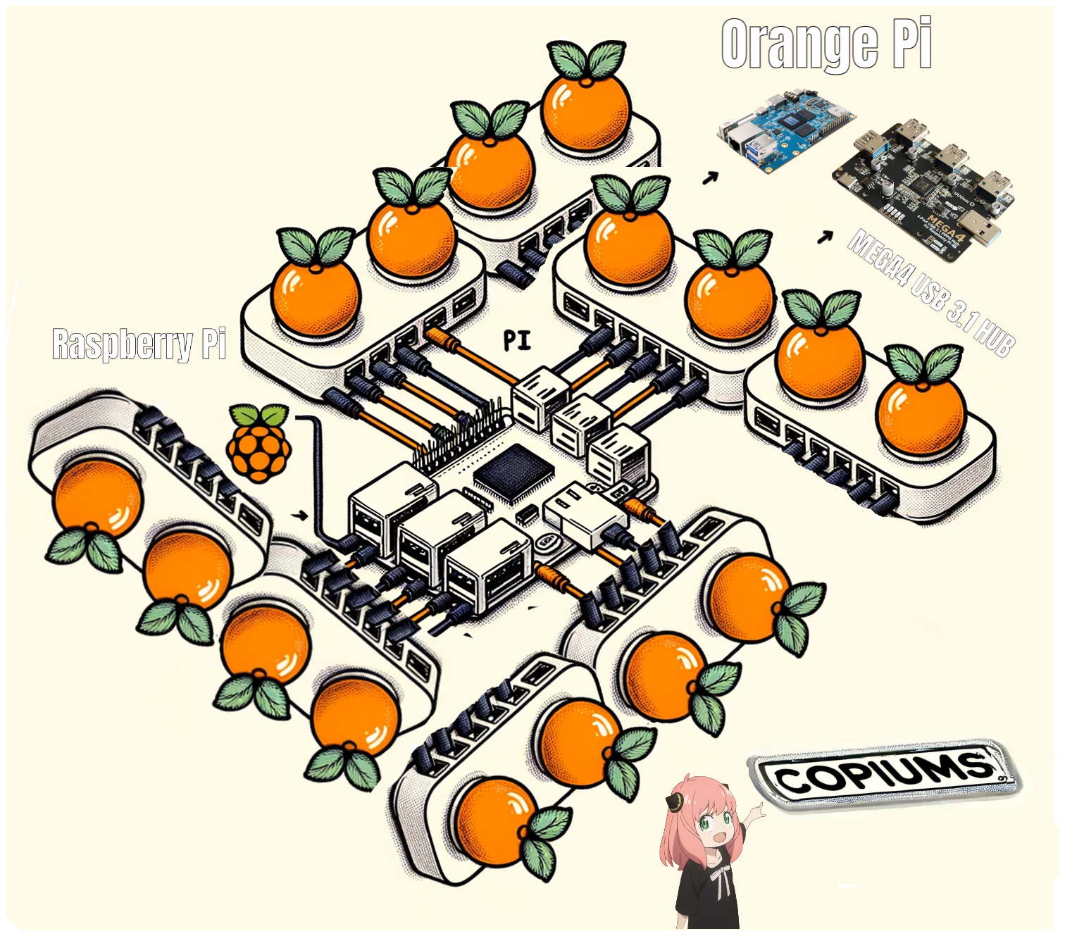 oranges are mostly for depiction purposes, to show you we'll put 4 Orange Pis per MEGA4 Hub, which is then connected to a single Raspberry Pi, which works up to 100 Orange Pis, and 25 MEGA4 Hubs, leading to 3.2TB of system RAM