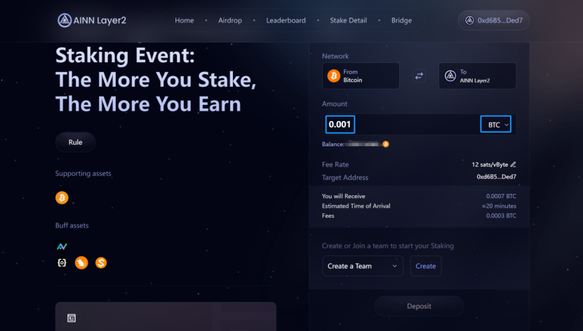 Select the staking asset BTC and enter the amount to stake