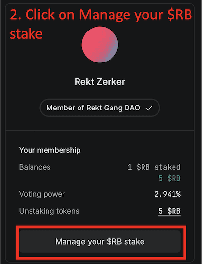 Step 2 is to click on manage your $RB (Rekt Bulls) stake