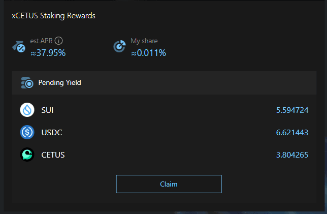 Ví dụ tôi đang stake 12,000 xCETUS, mang lại cho tôi khoảng $10 - $15 “real yield” bằng các đồng SUI, USDC, CETUS.