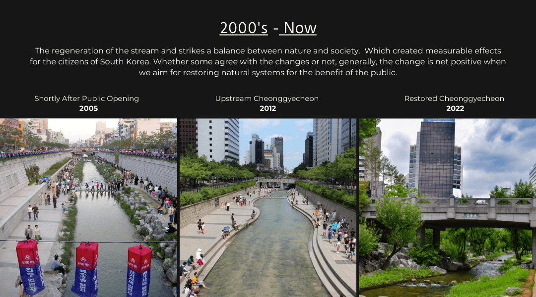 The Cheonggyecheon Stream today — restored to a more natural landscape