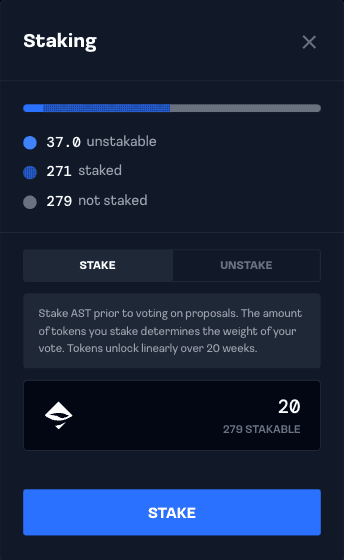 After clicking the “CONTINUE” button in the previous screenshot, the staking modal will appear as shown above. The approved amount (20 AST) will persist in the form, allowing for a seamless user experience when staking the tokens by clicking “STAKE”.