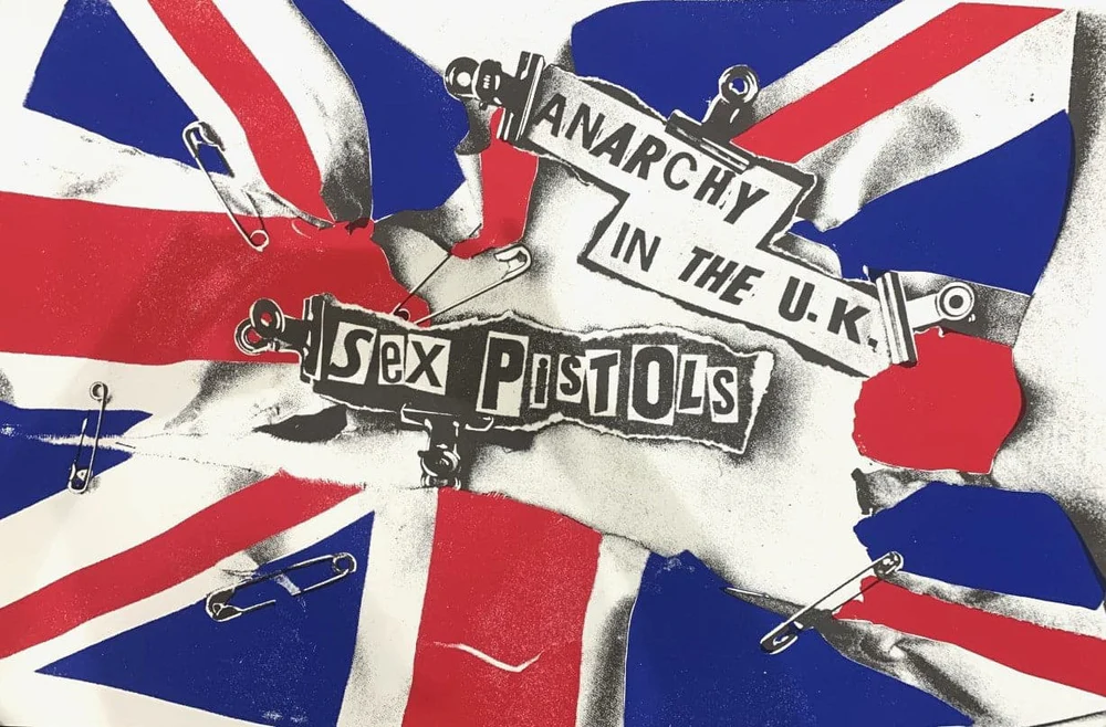 The posters designed by Jamie Reid for the Sex Pistols' single Anarchy in the UK.