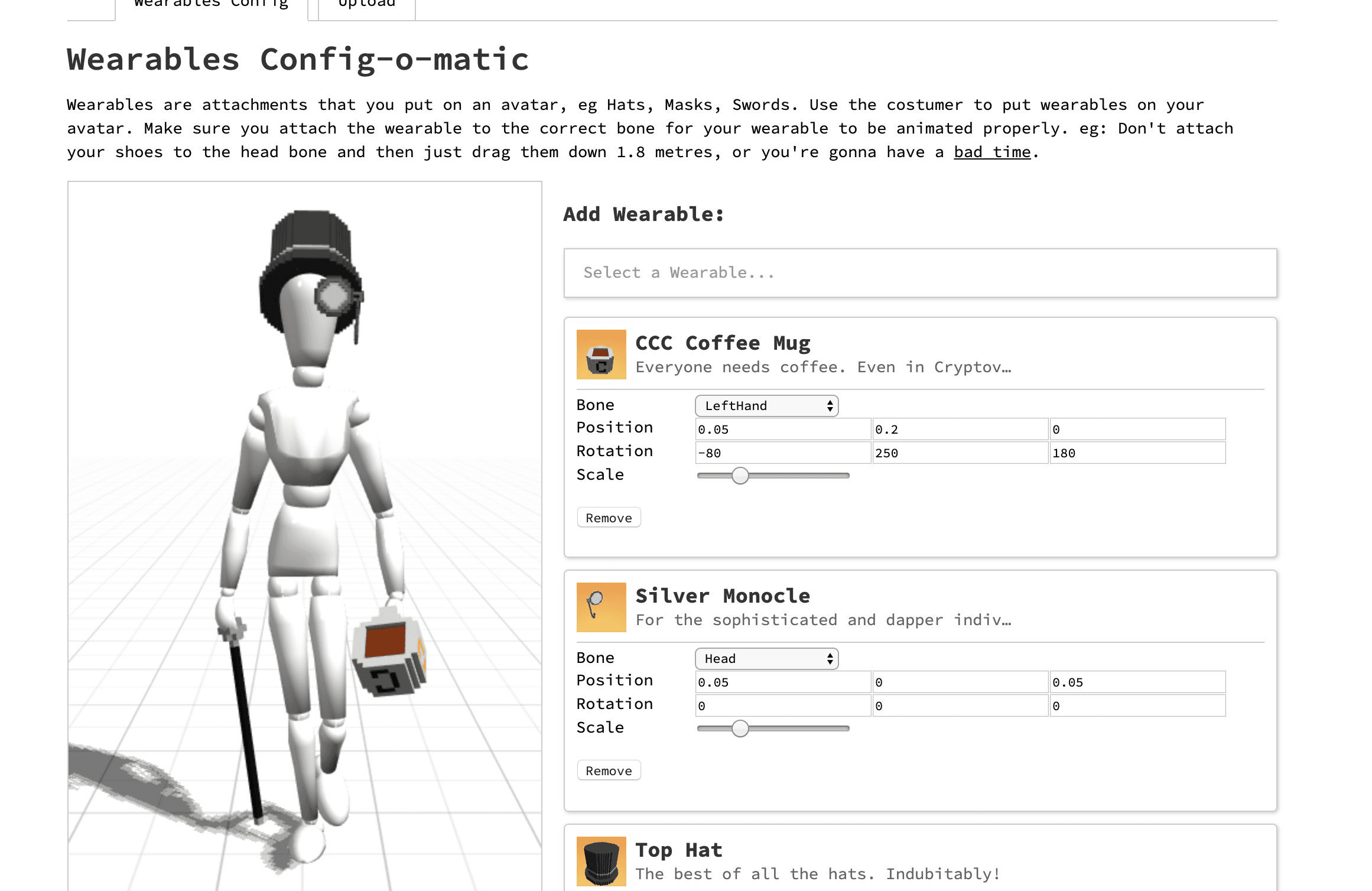 The initial release UI for configuring your wearables onto your avatar